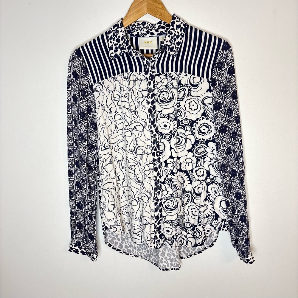 Maeve Anthropologie Patchwork Mixed Print Floral Button-Up Shirt Size Small Boho